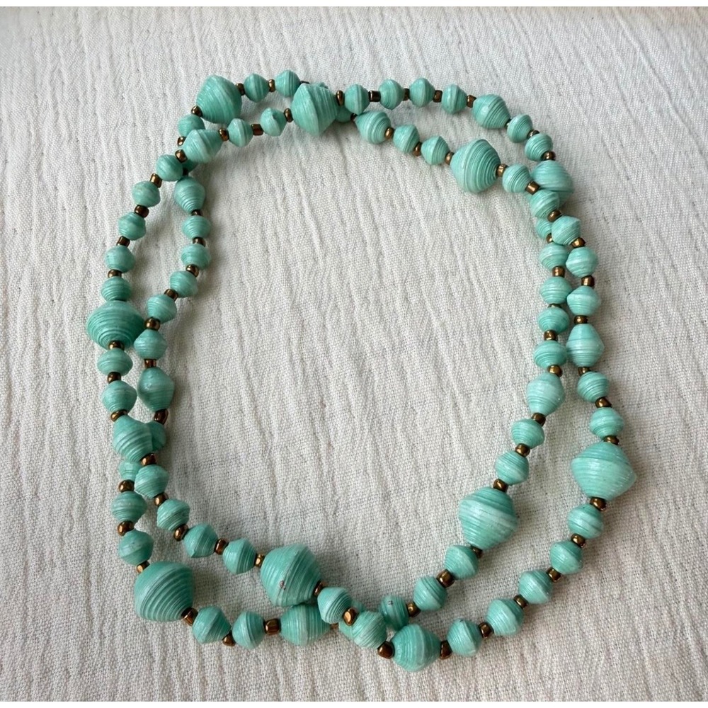 Vintage Paper Bead Necklace Mint Green Turquoise Boho Long Strand